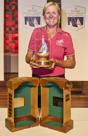 Annika Thomson, skipper of Ocean Crusaders J-Bird with the Jane Tate Memorial Trophy for 1st Female Skipper over the Line.    