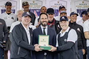 Matt Allen, Eduardo Maclean, Managing Director Rolex Australia and James Mayo.  MASTER LOCK COMANCHE, Sail No: CAY007, Owner: Matt Allen/James Mayo - Charterers, Skipper: Matt Allen/James Mayo, Club: CYCA/RPEYC, NSW, Design: VPLP Verdier 100, LOA (m): 30.5, Year: 2014