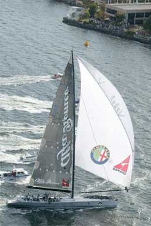 Alra Romeo crosses the finish line to claim line honours, 2002.