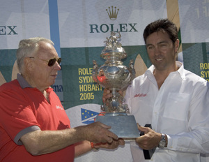 Bob Oatley and Mark Richards of Wild Oats XI with the Tattersalls Cup for Overall Winner of the 2005 Rolex Sydney Hobart
