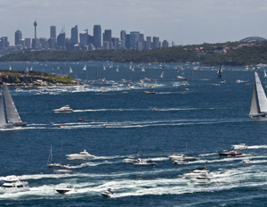 Wild Oats XI leading the fleet out of Sydney Harbour