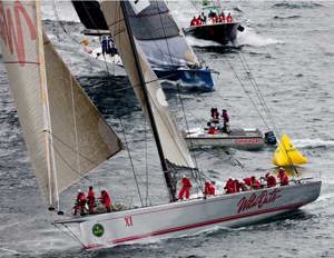 Wild Oats XI at the turning mark during the Rolex Sydney Hobart 2010