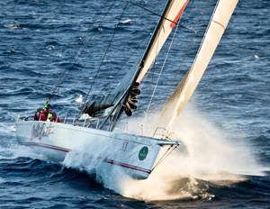 Bob Oatley's super maxi Wild Oats XI at full power early on Day 2
