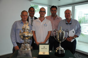 The Rolex Sydney Hobart Yacht Race media launch panel: Tony Ellis (Ragamuffin Loyal), Geoff Huegill (Ragamuffin Loyal), Sebastien Guyot (Peugeot Surfrider), Mark Richards (Wild Oats XI) and Bob Steel (Quest) with the Tattersall’s Cup and J H Illingworth trophy and Rolex timepiece