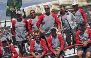 The crew of Chutzpah after finishing the Rolex Sydney Hobart (Drew and Bruce second and third from left on rail)
