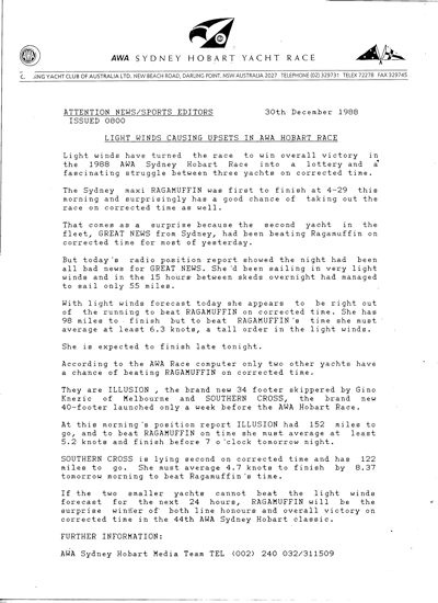 1988 AWA Sydney Hobart Race - Press Releases