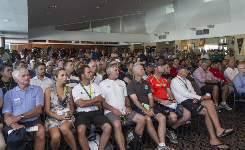 Crew members attend the race briefing