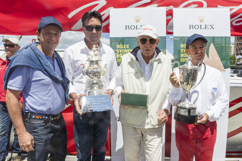 Patrick Boutellier, Rolex Australia; Mark Richard with the Tattersall's Cup, Bob Oatley with the Rolex Yacht-Master and CYCA Commodore Howard Piggott with the J H Illingworth Trophy