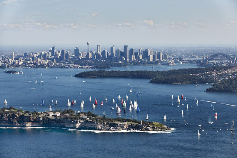 Aerial view of the fleet making their way up the Harbour
