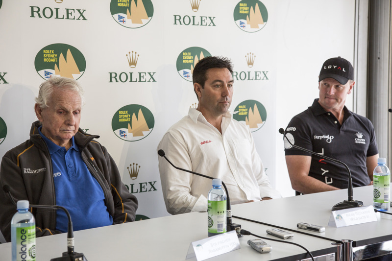 Super maxi skippers talk to the media after receiving the race briefing L-R: Syd Fischer – Ragamuffin 100; Mark Richards – Wild Oats XI and Anthony Bell – Perpetual LOYAL