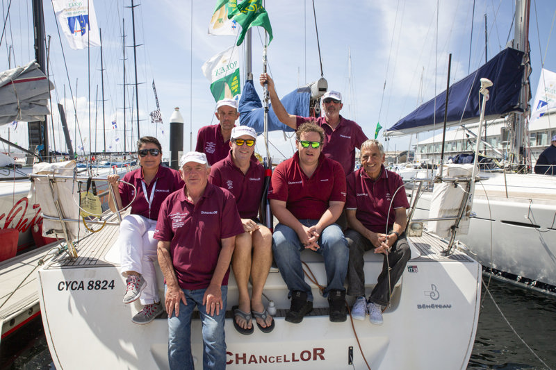 The team on Chancellor, the last boat to cross the finish line in Hobart