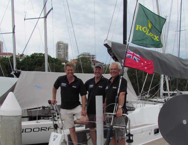 Quintin Fowler and crew members Richard Potter and Dave Cochran (right) arrive in Sydney